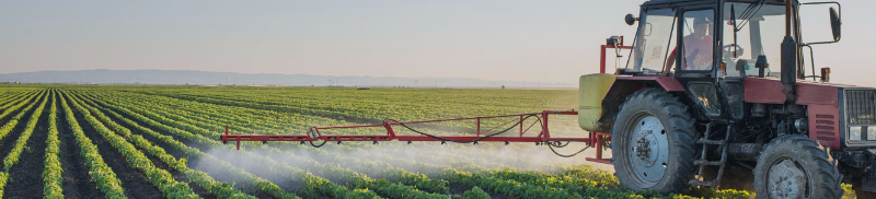photo of tractor riding through a green field spraying the rows of plants