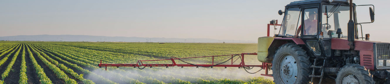 photo of tractor riding through a green field spraying the rows of plants
